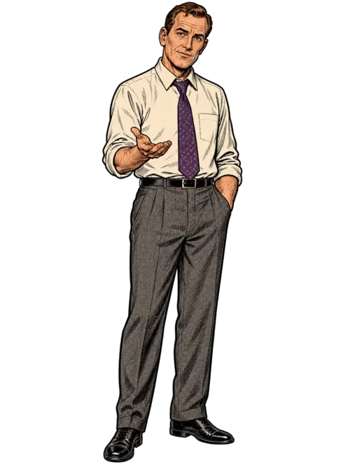 1950s-style illustrated man presenting