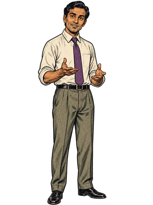 1950s-style illustrated man welcoming the team